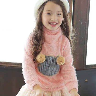 Детский вязаный свитер, бархатный свитер для маленьких девочек с помпонами из мультфильмов, теплая детская одежда с высоким воротником, Свитера для девочек 3, 4, 5, 6, 7 лет, пальто