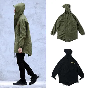 

Male hip-hop hoodie jacket 2018 The streetsMen Hot sale japan jacket coat Kanye West black green military style trench coat long