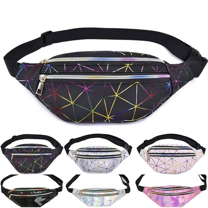 

Holographic Waist Bags Women Pink Silver Fanny Pack Female Belt Bag Black Geometric Waist Packs Laser Chest Phone Pouch