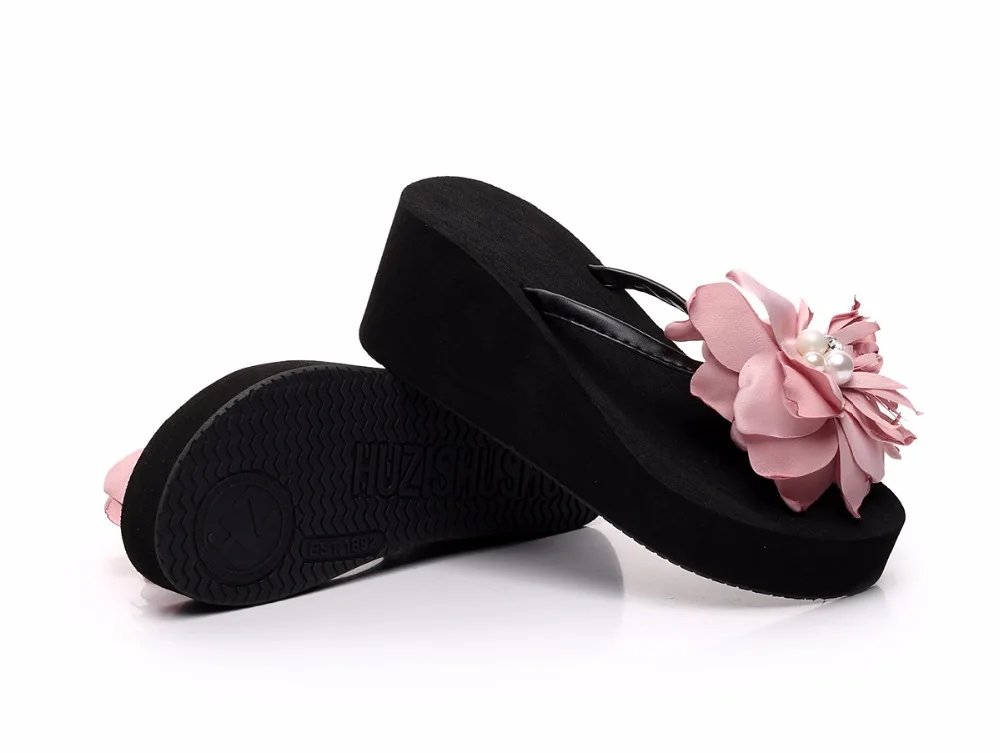 Г., летняя женская обувь с большим цветком женские сандалии, тапочки домашние уличные Вьетнамки, пляжные женские шлепанцы на платформе каблук 7 см