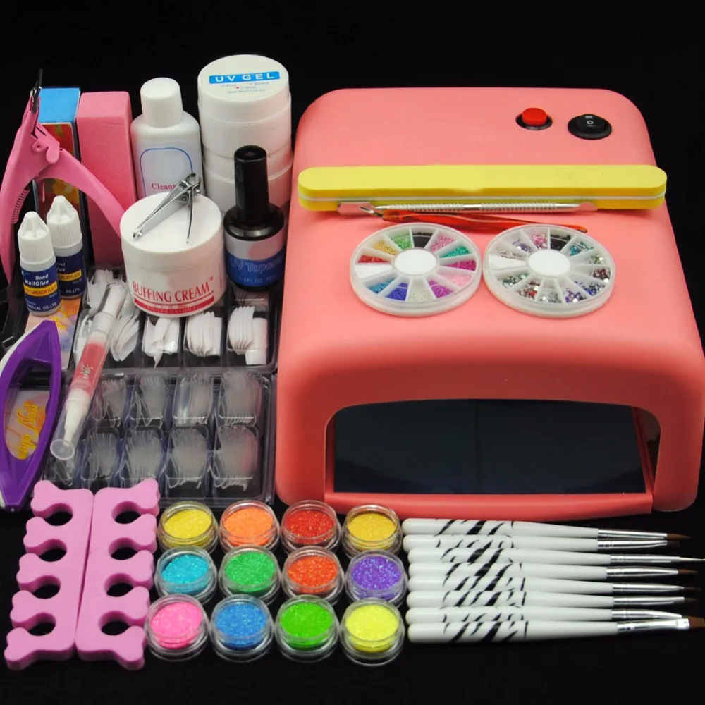 

36W Pink UV Lamp UV Base Gel Topcoat Cleanser Nail Tips Glitter Rhinestone Acrylic UV Gel Nail Kit