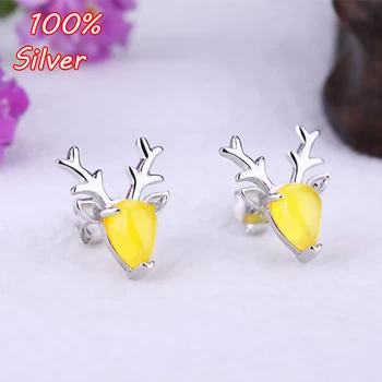 

4*7mm 925 Sterling Silver Color Platinum Plated Deer Earrings Blank Inlaid Amber Wax Earrings for Women DIY Jewelry