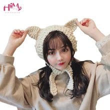 Новые модные вязаные наушники, зимняя шапка с милыми кошачьими ушками, сохраняющая тепло, зимние шапочки Skullies, винтажные вязаные шапки с воротником и ушами