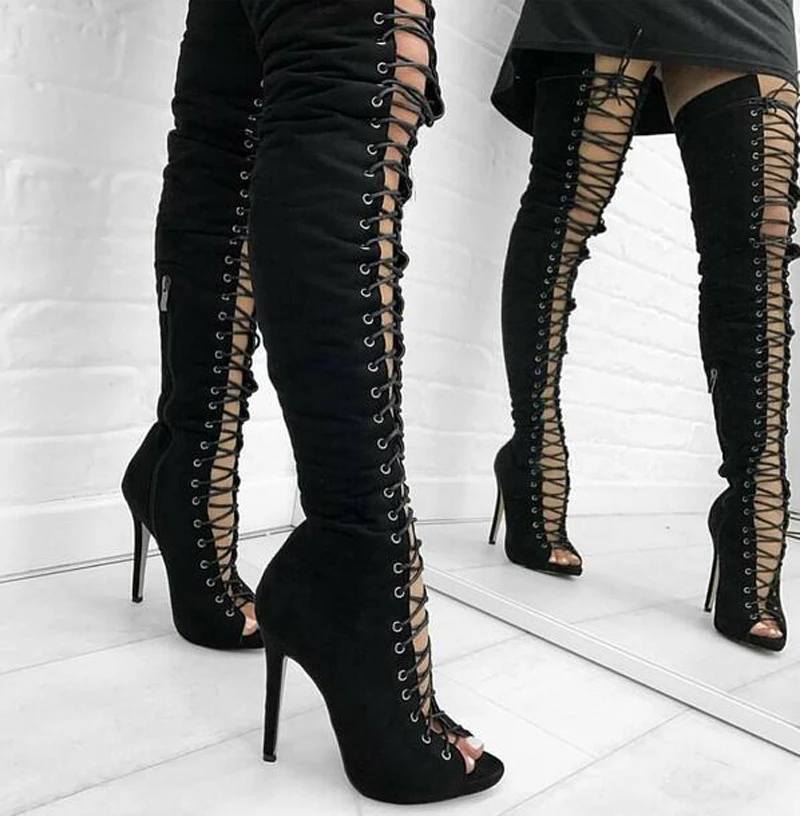 Women New Fashion Open Toe Black Suede 