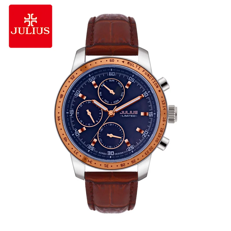 

JULIUS 2018 Luxury Watch Men Limited Edition 3 Dials Multi-function Leather Strap Steel Waterproof Watch Freeship Top Brand C1