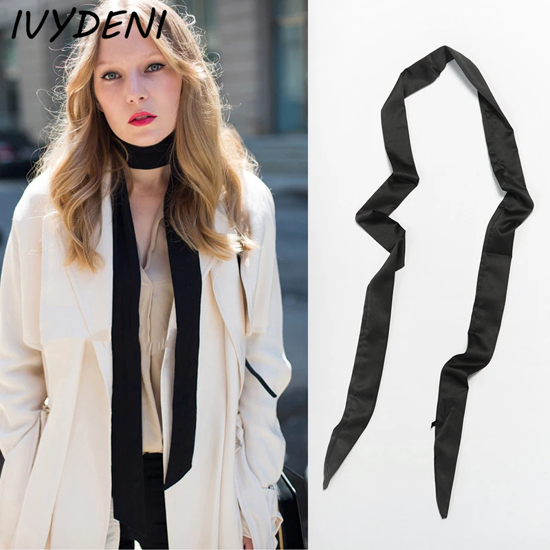 Fashion Skinny Scarf Narrow Silk Satin Pure Women Long Black Scarf Silk