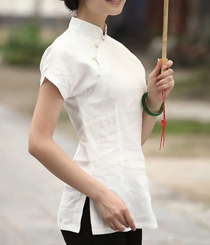 شنغهاي قصة المرأة قصيرة الأكمام الصينية التقليدية أعلى تشيباو قميص النمط الصيني أعلى الأبيض شيونغسام أعلى الكتان بلوزة