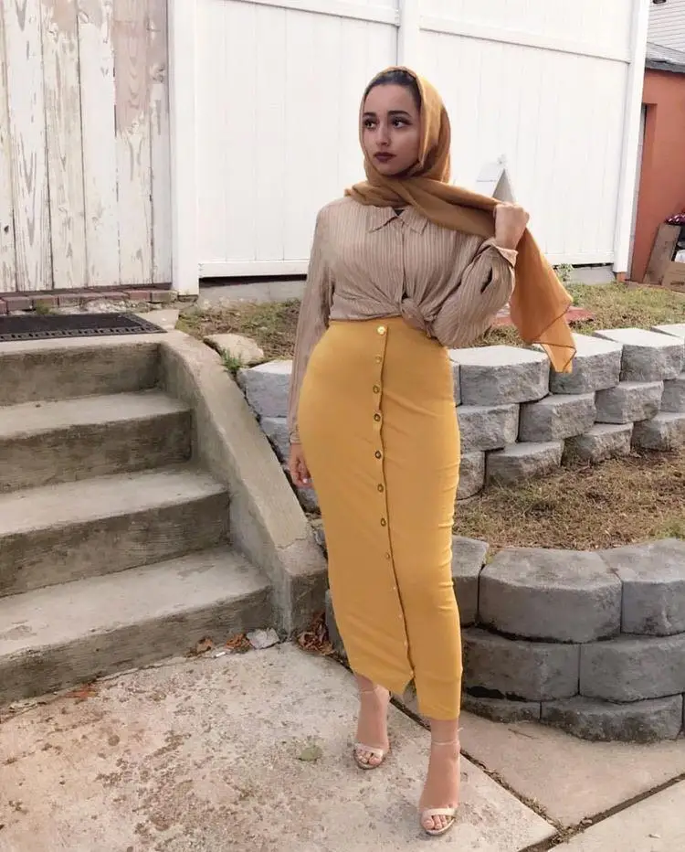 

Plus Size 2019 Summer Abaya Musulmane Women High Waist Button Bodycon Maxi Skirt Long Turkish Islamic Skirts Clothing Jupe Femme