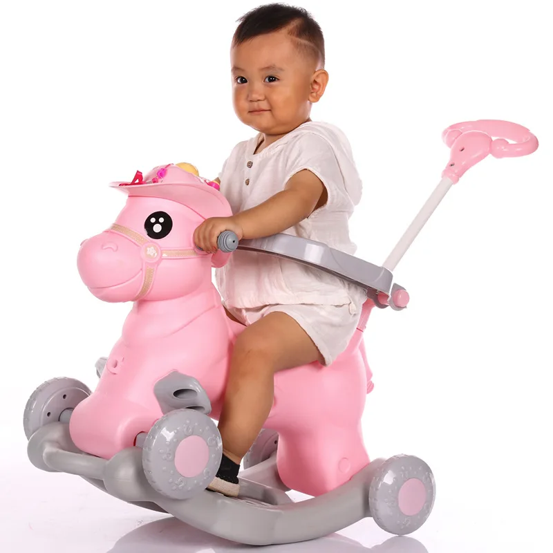

Baby Rocking Chair Children Ride on Horse Toy Stroller with Music Infant Rocker Chair Foldable Four Wheels Baby Stroller 3 In 1