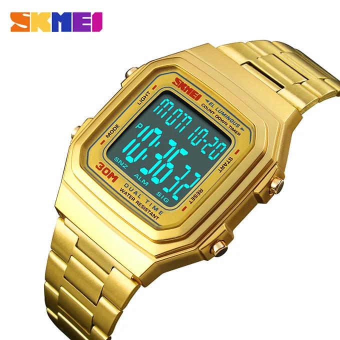 Роскошные спортивные мужские часы с обратным отсчетом, мужские часы с цифровым 5 будильником, светодиодный наручные часы, топ часы, модные уличные часы, reloj hombre SKMEI - Цвет: Gold Gold