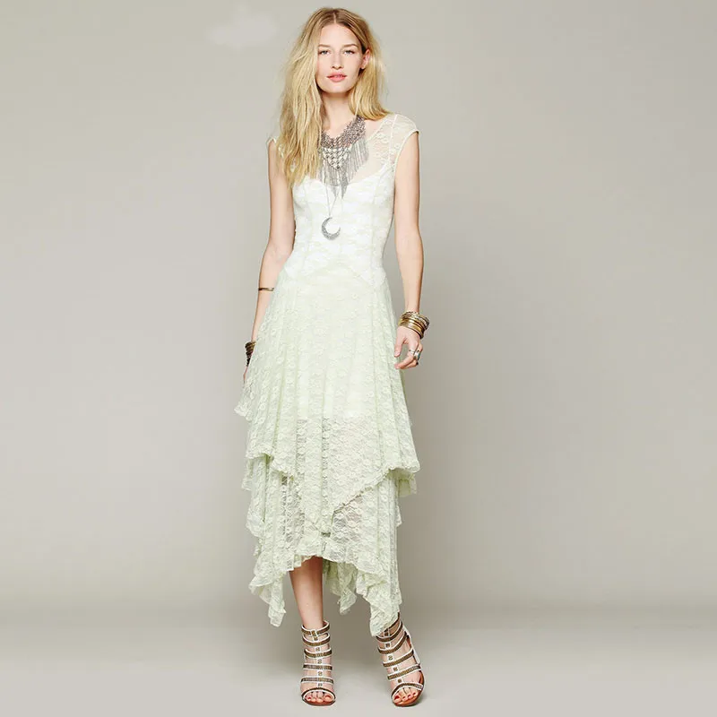 Ahmagen Sexy Irregular Lace Dress Women Hollow Out Elegant Party Dresses Backless Pleated Long Maxi Skater Dress Summer Beach Wear 201711