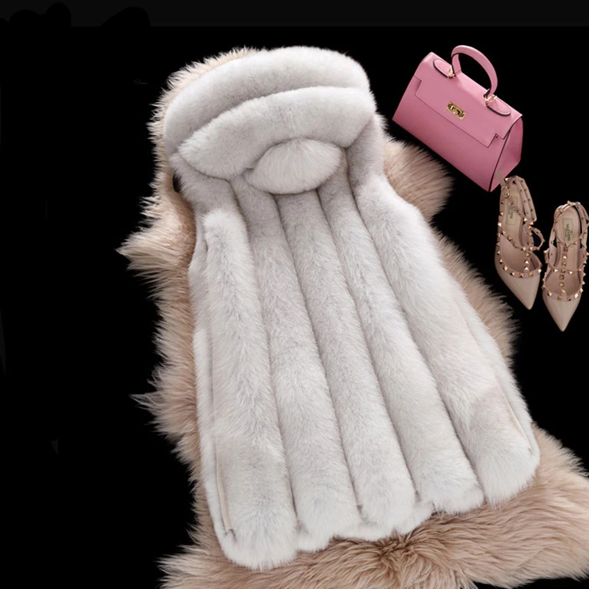 Full Pelt Real Fox Fur Vest Women 2018 New Winter With Big Hood Thick