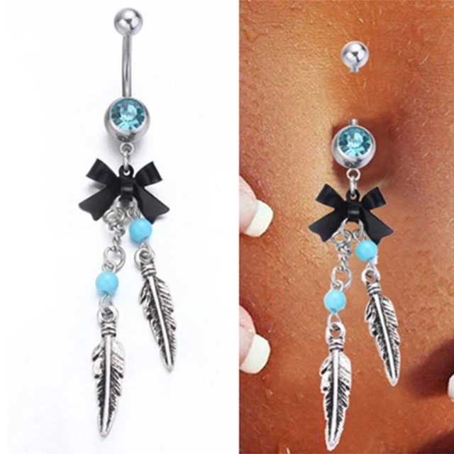 Blue Stone Vintage Leaf Navel Piercing Nombril Ball Belly Button Rings