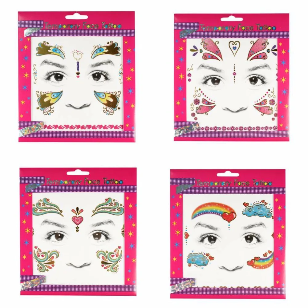 

4pcs Rainbow Feather Heart Lovely Kid's Tattoo Sticker Colorful Metallic Glitter Tattoo On Face As Gift To Children