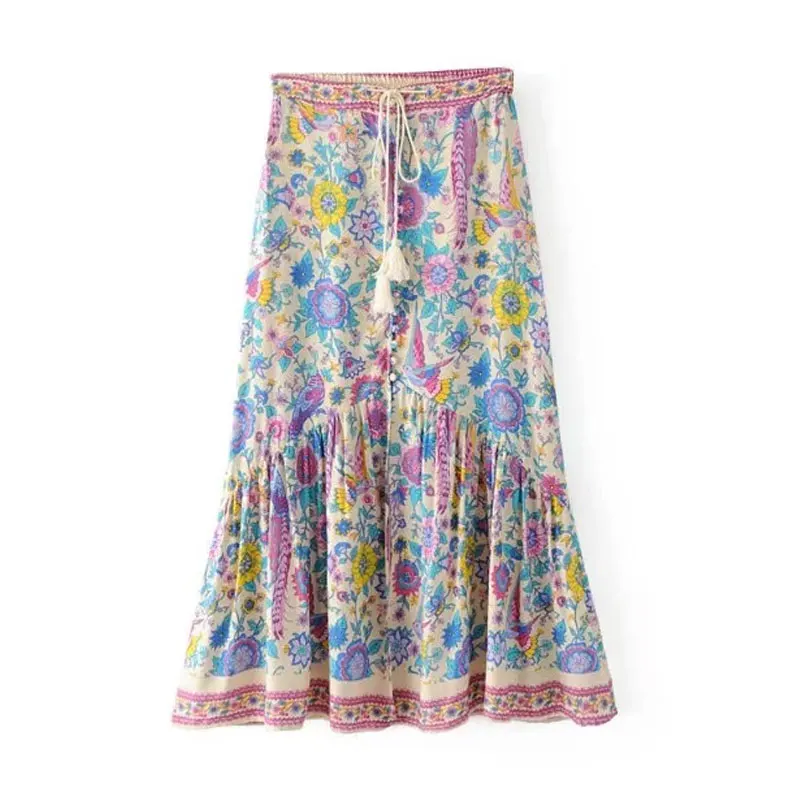 

Bohemian Beach Skirt Peacock Floral Print Gypsy Dancer Maxi Skirts Mujer Elastic Waist Button Down Ethnic Tunic Boho Skirts