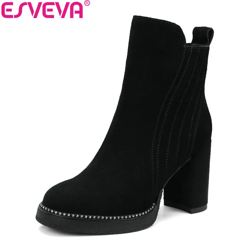 

ESVEVA 2018 Synthetic/PU Women Boots Square High Heels Ankle Boots Round Toe Spring Autumn Zippers Boots Women Shoes Size 34-39