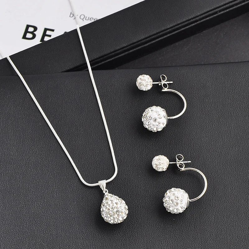 Crystal Ball Chain Pendant Necklace Fashion Simple Shining Double Side Earring Cute Wedding Engagement Jewelry Set New