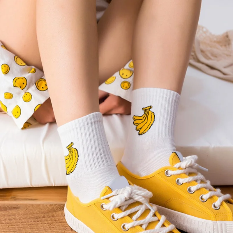 Kawaii женские Носки с рисунком динозавра банан носки хипстер письмо Harajuku короткие