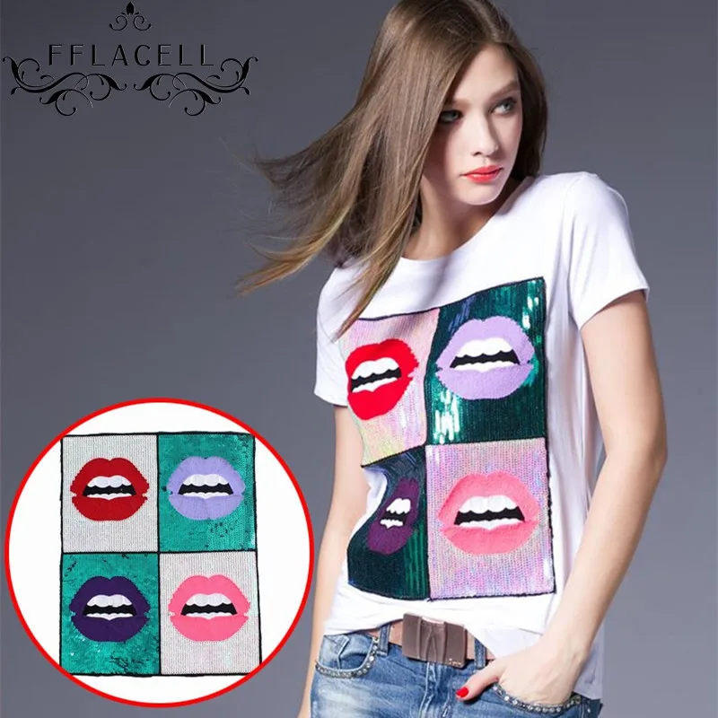 

FFLACELL Oversized Lips Square Sequins Patches T-shirt Dress Adornment Decals Of Patches Need To Hand Sewing Clothing DIY