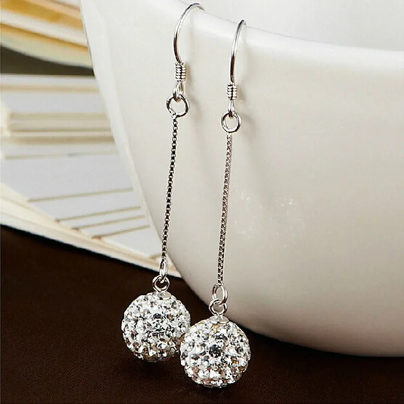 1Pair Shiny Women Silver Hook Crystal Round Drop Dangle Earrings Trendy Vintage Long Earrings For Women Fashion Jewelry