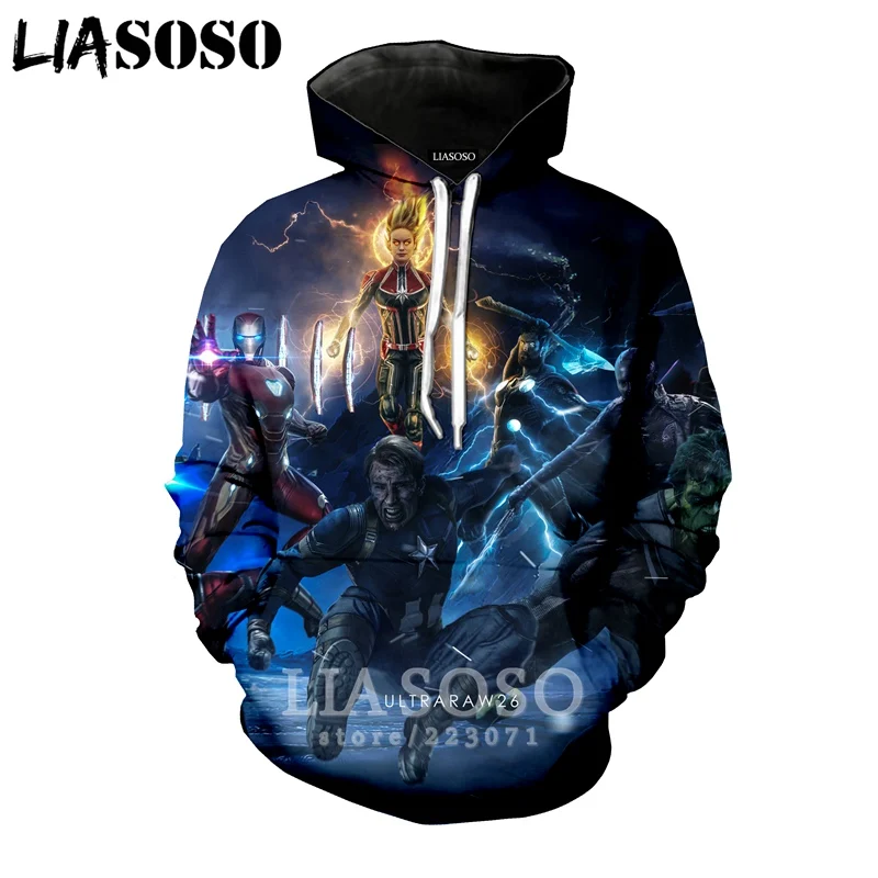 LIASOSO 2019 Winter New Men Women Sweatshirt 3D Print Latest Movie Avengers Endgame Hoodie Long Sleeve Casual Pullover B008-04