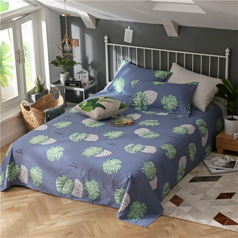 Green Leaf Pattern Bed Sheet 3Pcs Flat Sheet Cotton Soft Bedding Sheets