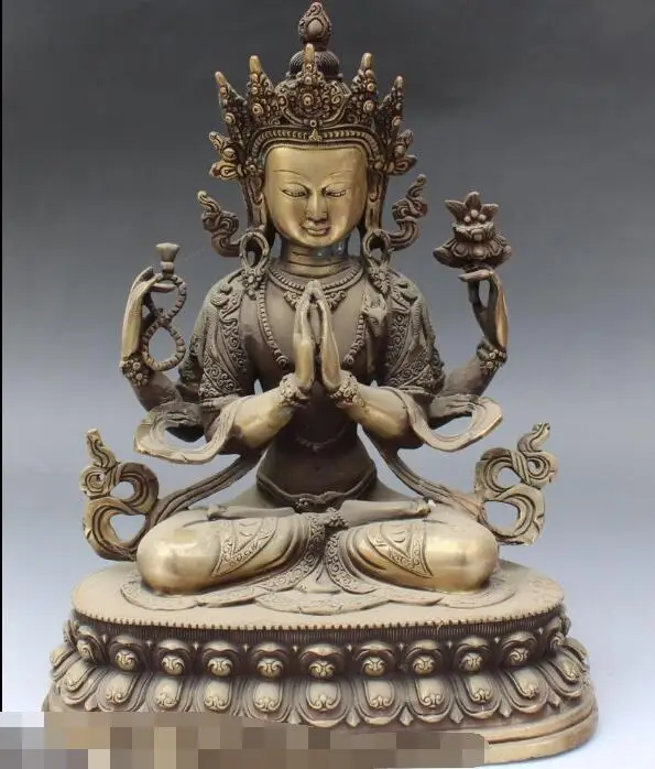 

S4769 11" Tibet Buddhism Bronze seat 4 arms Chenrezig Buddha Avalokiteshvara Statue