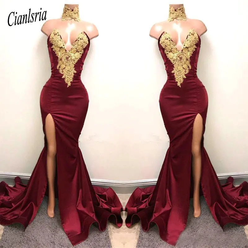Новый дизайн 2K19 пикантные Выпускные платья Burgundy с золотой платье с кружевными аппликациями спереди Разделение платья Длинные вечерние