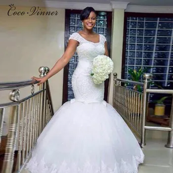 

Short Sleeve Embroidery African Mermaid Wedding Dress 2019 New Lace Appliques Beading Vintage Wedding Gowns Bride Dress W0410