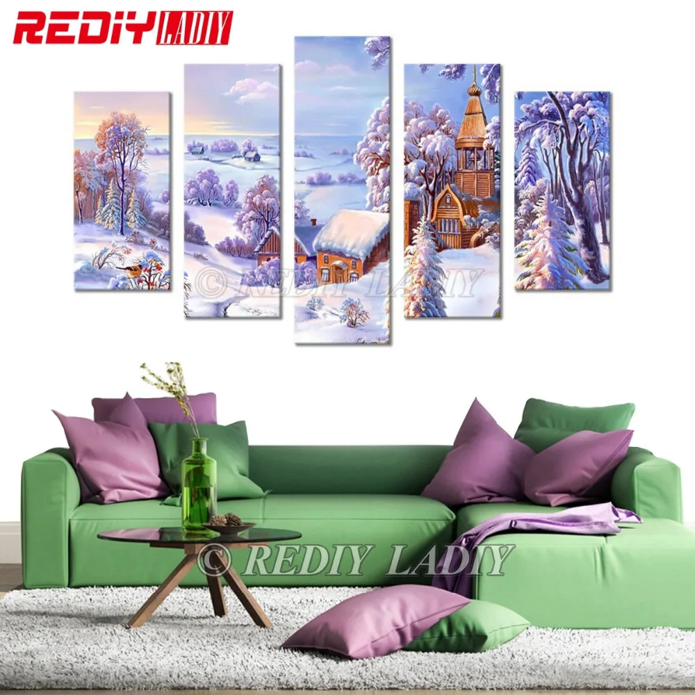 

REDIY LADIY Diamond Painting Triptych Diamond Embroidery Crystal Modular Picture Snow Country Wall Art Multi Pictures Home Decor