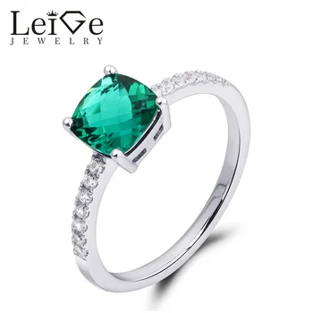 

Leige Jewelry Cushion Cut Emerald Ring Green Sterling Silver Wedding Promise Rings for Women May Birthstone Prong Setting