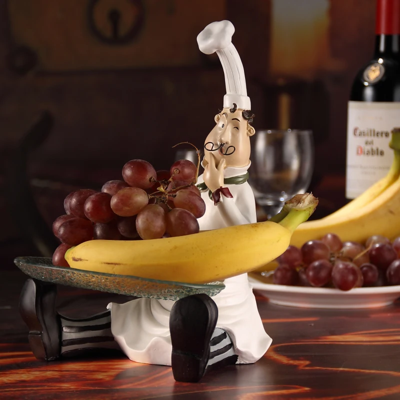 

Creative Resin And Glass Chef Figurine Fruits and Candies Plate Decorative Cook Statue Tray Tableware Ornament Craft Accessories