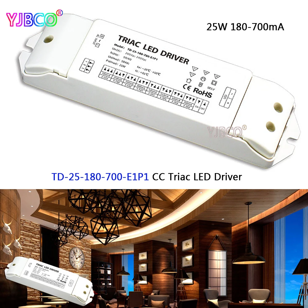 

TD-25-180-700-E1P1;25W 180-700mA 3-54V wide voltage output, 8 optional currents CC Triac Dimmable intelligent LED Driver