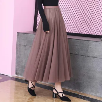 

Autumn Tulle Skirt Gray Brown Beige Pink Black Long A-line Skirts Women Elegant Maxi Skirt 2019 solid mesh skirts top quality