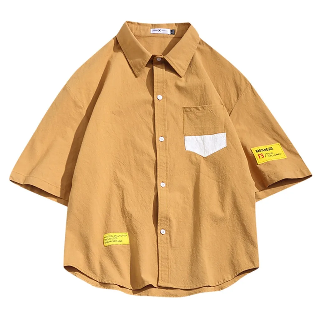 Мужская льняная дышащая блузка, свободная, с рукавом, с буквенным принтом, на груди, с карманом, рубашка, рабочие, в стиле хип-хоп, уличная одежда для мужчин, брендовая одежда - Цвет: Цвет: желтый