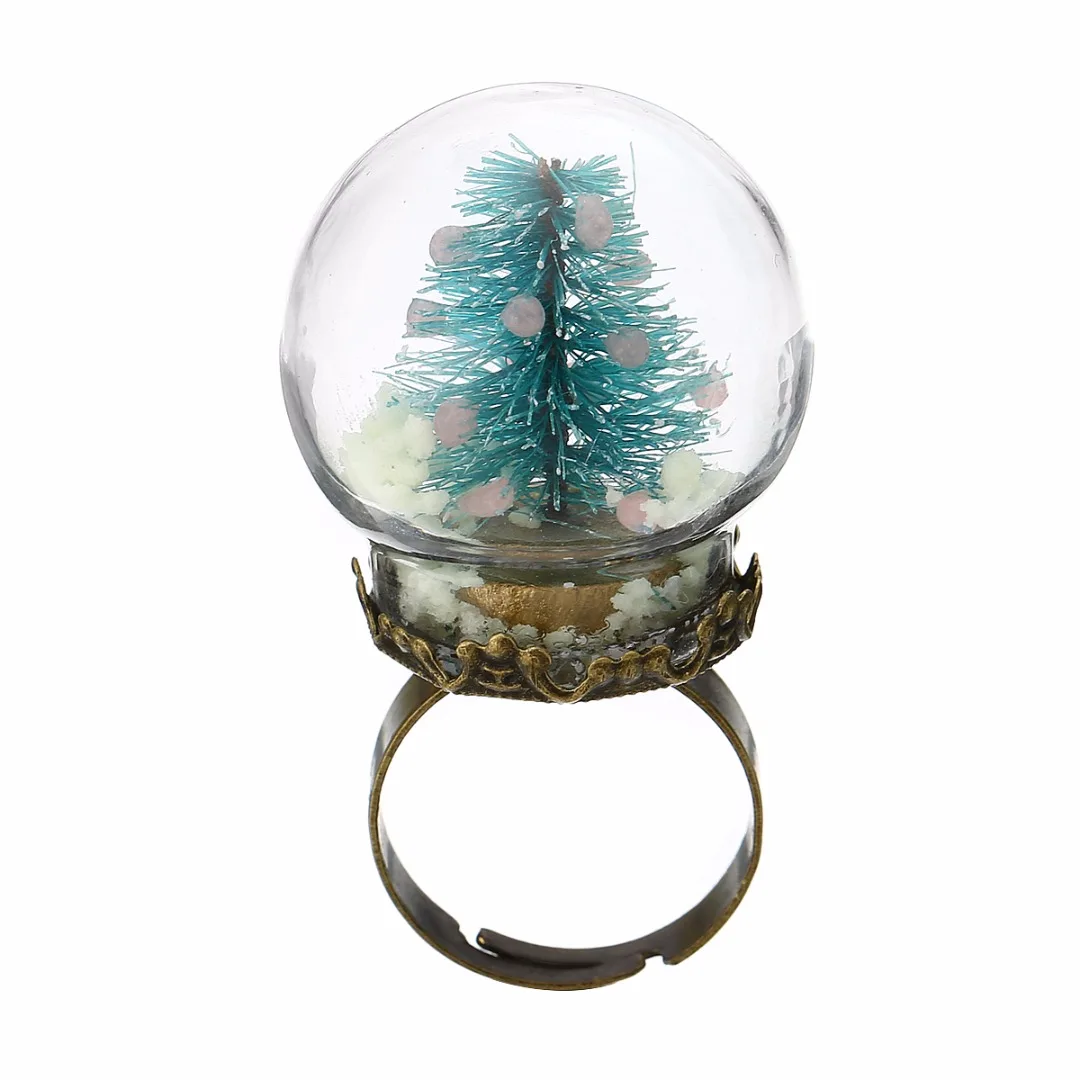 Shellhard Luminous Xmas Rings Shellhard Christmas Tree Glass Snowball Glow In The Dark Finger Ring For Women Men Jewelry