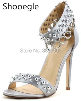

Sexy Rivets Pearls High Heels Sandals Women Back Zip Peep Toe Big Strap Buckle Cage Shoes Thin Heels Cut-out Sandals