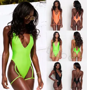 

Sexy Women Bandage Bodysuit 2018 New Summer Solid Deep V-Neck One-Piece Beachwear Push-up Bikini Backless Bathing Swimwear S-XL