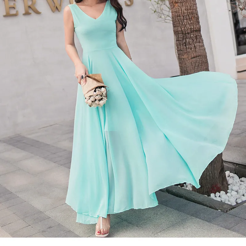 2019 New Summer Beach Dress Women's Fashion Sleeveless V-Beck Red Blue Long Dress Elegant Robes Women's Plus Size 5XL (17)