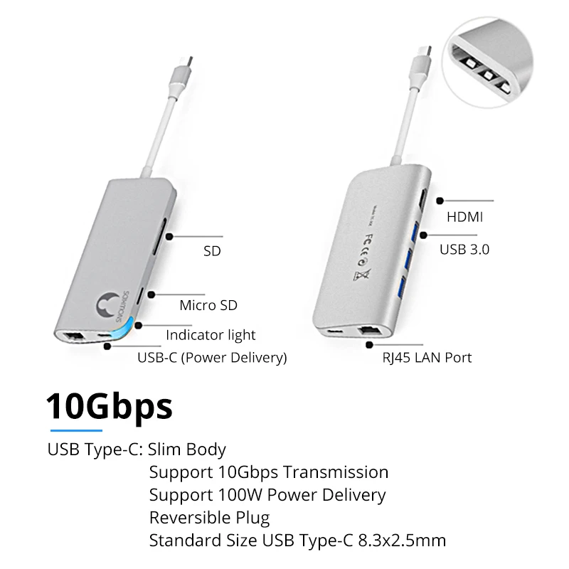 Snowkids type C концентратор док-станция 8 в 1 порт расширения HDMI RJ45 LAN SD Micro SD PD USB3.0 для ноутбука huawei Matebook Macbook