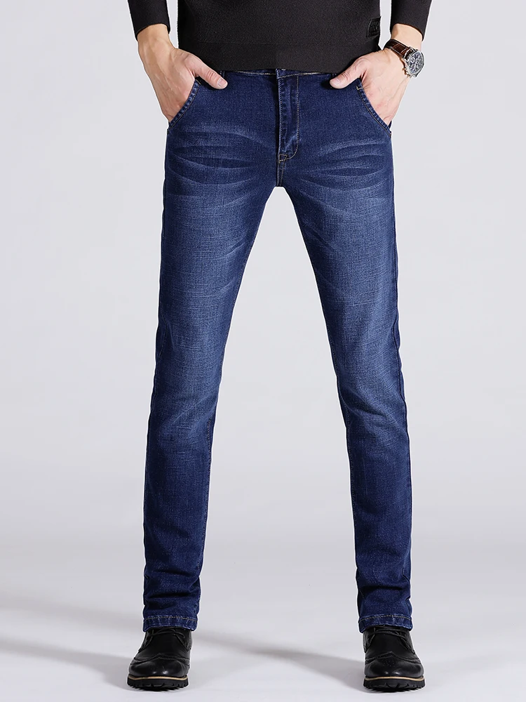 Новинка, новогодние мужские джинсы, классический стиль, бизнес стиль, повседневные эластичные джинсовые брюки, небесно-голубые зауженные мужские Брендовые брюки