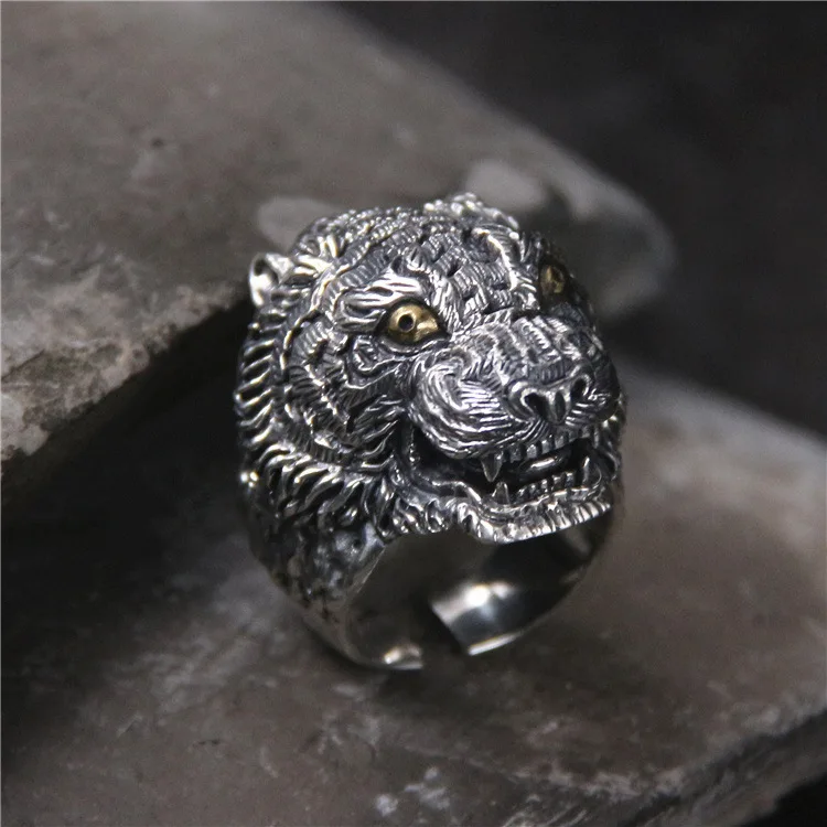 

S925 Sterling Silver Unique Personality Domineering Wolf Head Ring Retro Thai Silver Ring Men Open Ended Ring