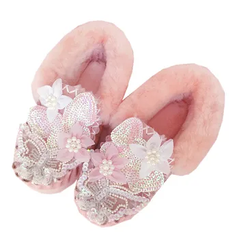 

Winter hot fashion pink sequins butterfly princess leather cowhide snow boots fur one cotton shoes women