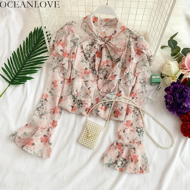 

OCEANLOVE Chic Korean Print Bow Ruffles Women Tops Flare Sleeve Chiffon Blouse 2019 Spring Summer Lace Up Elegant Shirts 11464