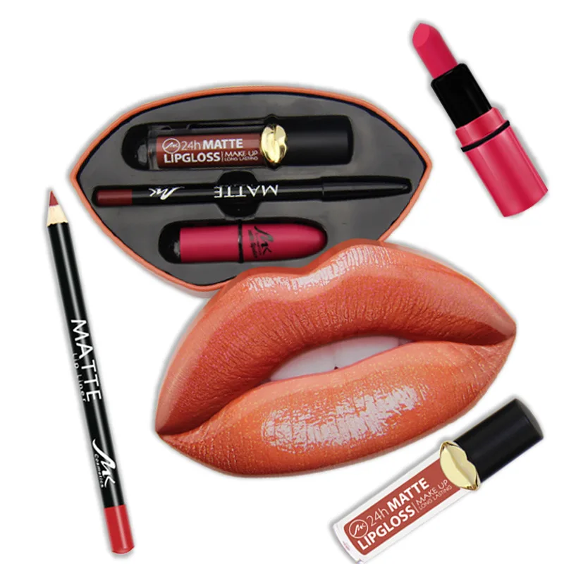 Lip Gloss Set Brand Makeup Set 2 Matte Liquid Lip Gloss + 1 Lip Liner Lipstick Shell Makeup Set Waterproof and Moisture Lasting