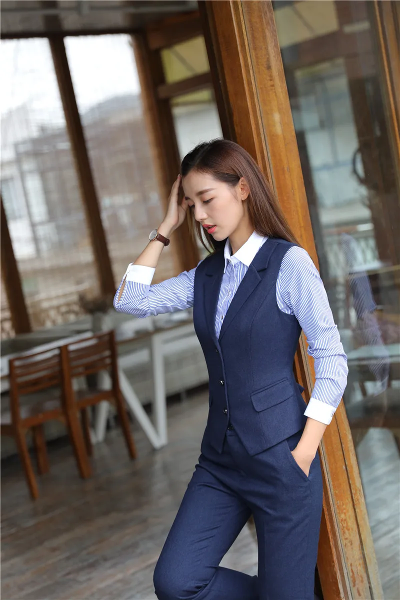 Formal Ladies Blue Vest Women Waistcoat Work Wear Business Female Clothes Office Uniform Styles OL
