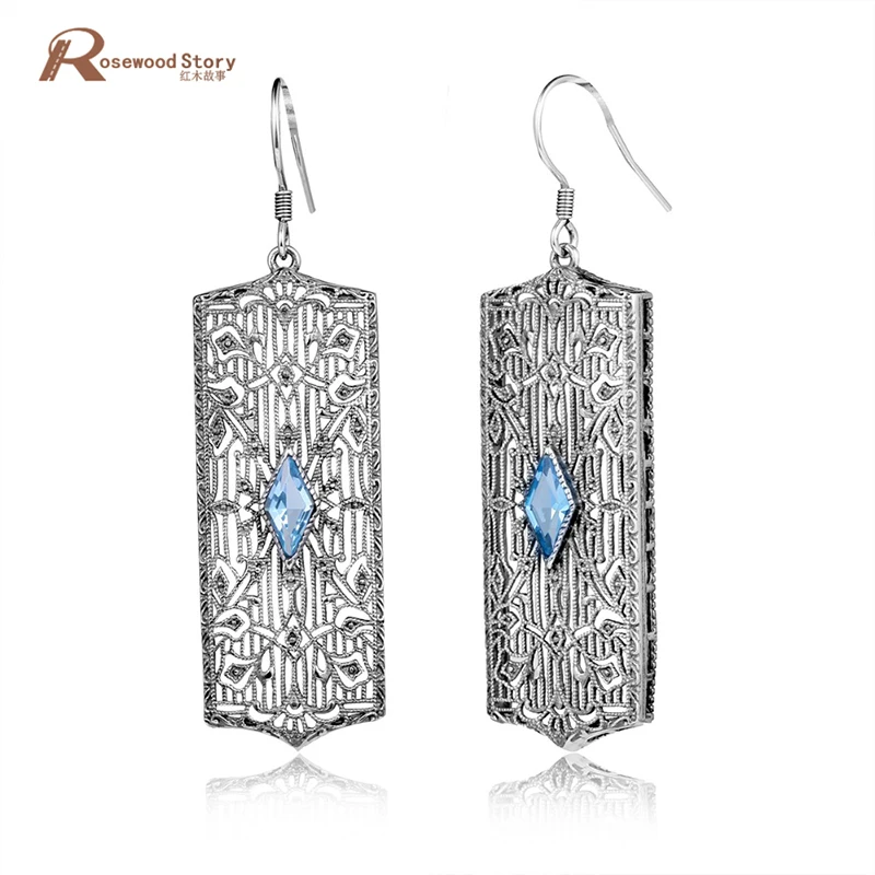 

Long Blue Rhinestone Crystal Dangle Ear Jewelry Solid 925 Sterling Silver Earrings Bohemia Drop Earrings for Women Jewelry Gift