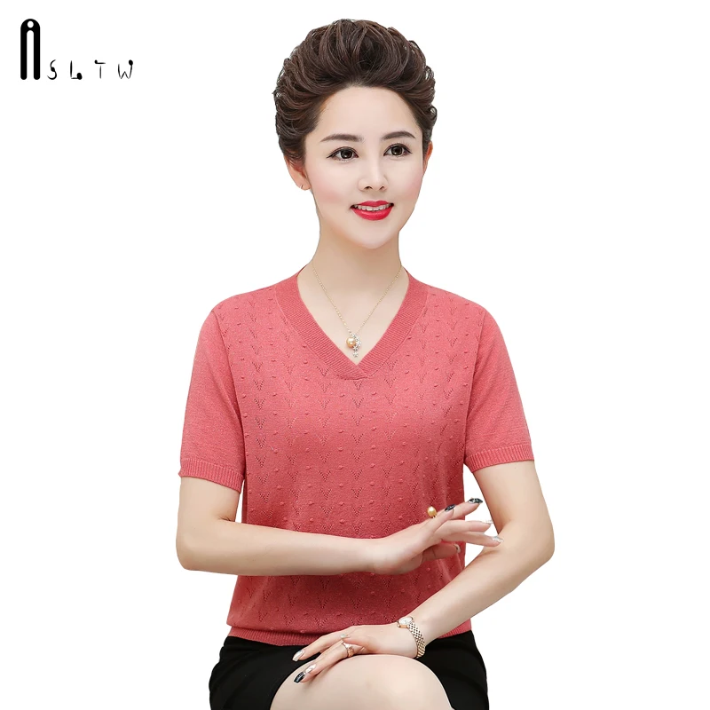 

ASLTW Summer Female T Shirt New Harajuku Solid Hollow Short Sleeve Thin Tops Plus Size Women Clothes 2019 V Neck Knitted T shirt