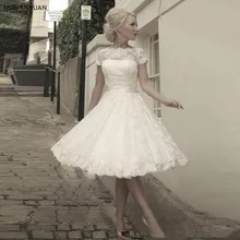 Кружевные короткие свадебные платья с коротким рукавом цвета слоновой кости, а-силуэт, тюль, аппликация, пояс, бант, свадебные платья длиной до колен