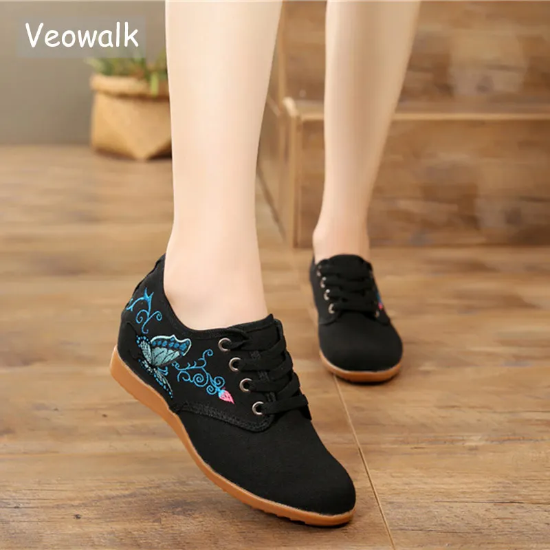 

Veowalk Hidden Platforms Butterfly Embroidered Women Canvas Derby Shoes Vintage Comfort Ladies Casual Lace-up Low Top Sneakers